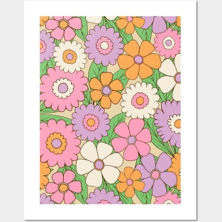 Groovy retro flower power pattern in lilac, pink and orange Posters and Art